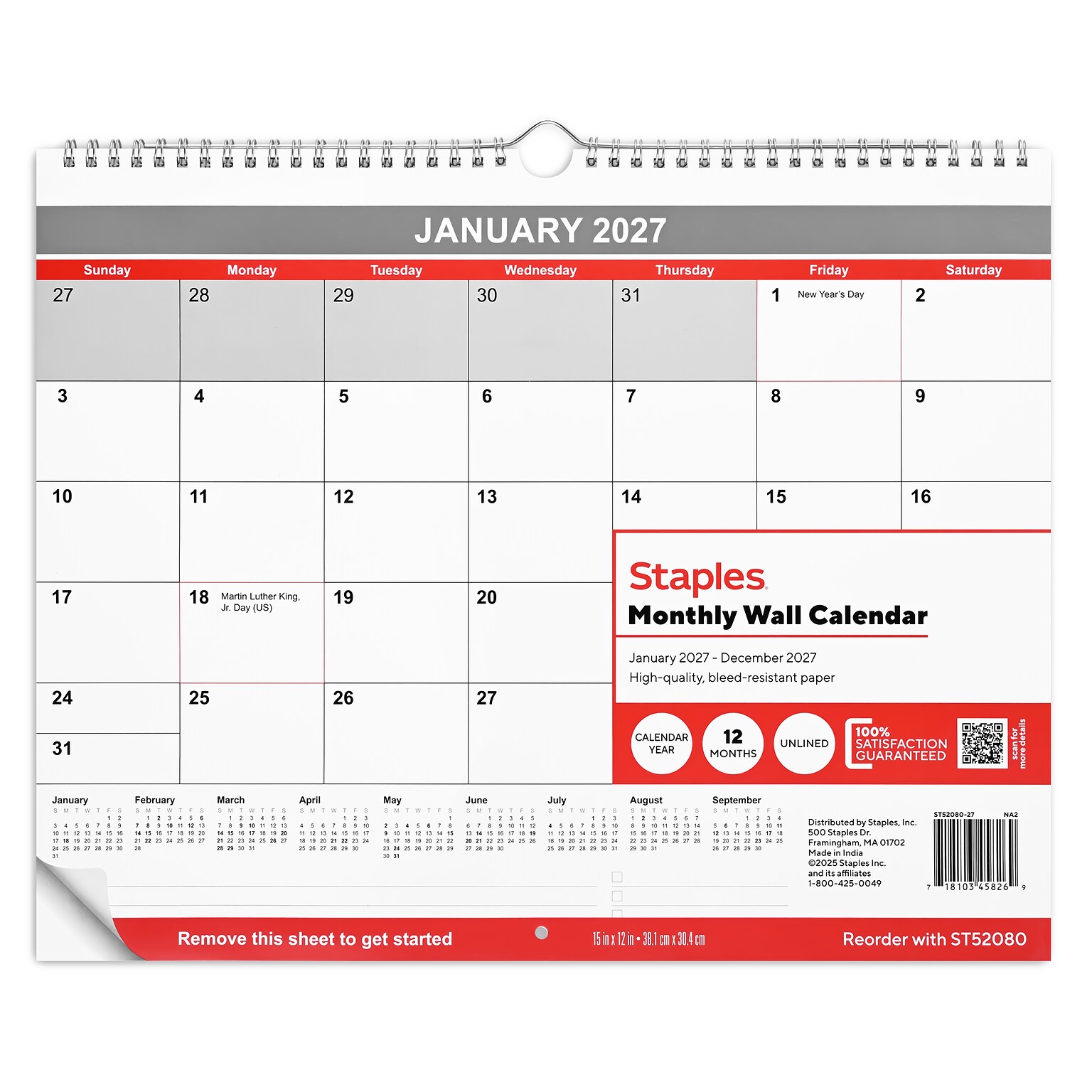 2027 Staples 15 x 12 Monthly Wall Calendar, White/Red/Gray (ST52080-27)