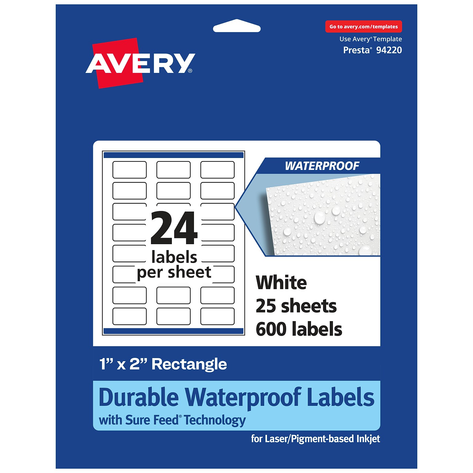 Avery Laser/Inkjet Waterproof Rectangle Multipurpose Labels, 1 x 2, White, 600 Labels/Pack (94220)