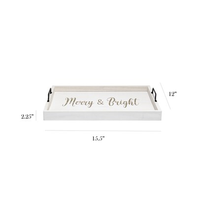 Elegant Designs Merry & Bright Decorative Wood Serving Tray w/ Handles, 15.50 x 12, White Wash (