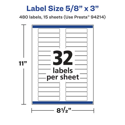 Avery Laser/Inkjet Rectangle Multipurpose Labels, 5/8" x 3", White, 480 Labels/Pack (94214)