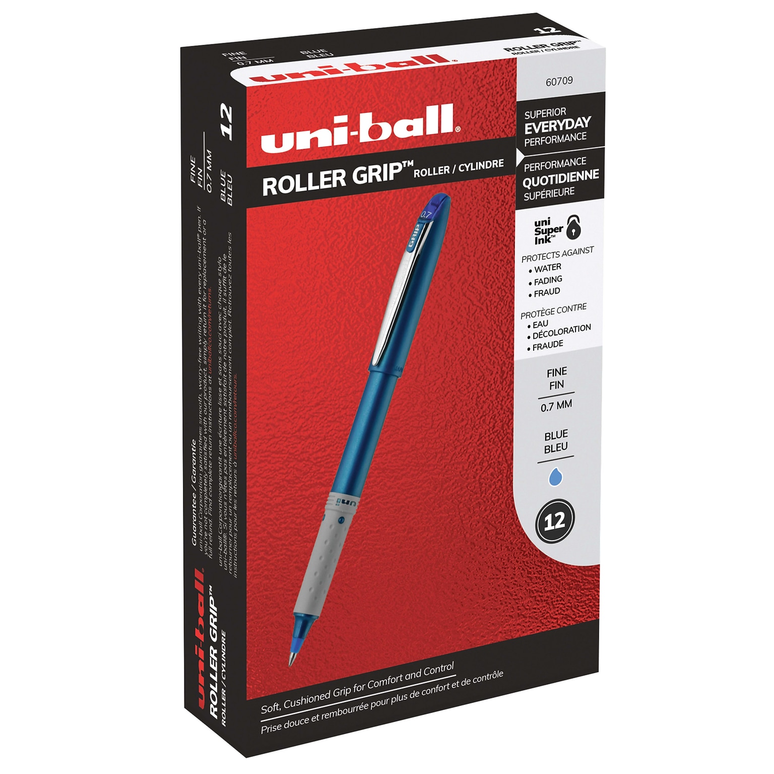 uniball Roller Grip Rollerball Pens, Fine Point, 0.7mm, Blue Ink, Dozen (60709)