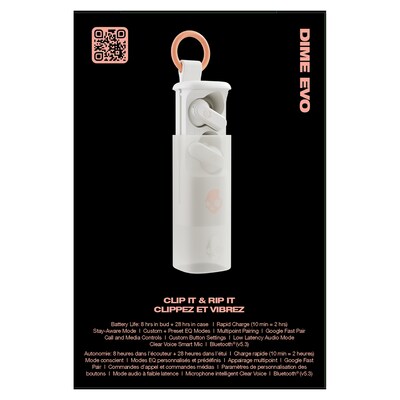 Skullcandy Dime Evo True Wireless Noise-Isolating Earbuds, Bluetooth, Bone/Orange Glow (S2DTW-S951)