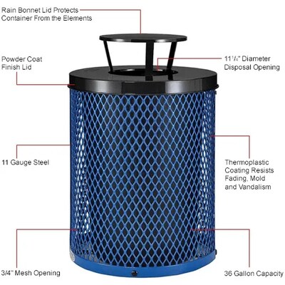 Global Industrial Outdoor Diamond Steel Trash Can w/ Rain Bonnet Lid, 36 Gallon, Blue (261926BL)