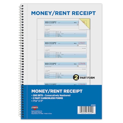 Cosco 2-Part Carbonless Receipts, 7.875 x 11, 50 Sets/Book (074050)