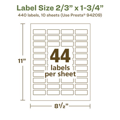 Avery EcoFriendly Laser/Inkjet Rectangle Multipurpose Labels, 2/3" x 1-3/4", White, 440/Pack (94209)