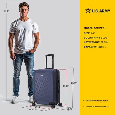 US Army FOX PRO 24" Hardside Suitcase, 4-Wheeled Spinner, TSA Checkpoint Friendly, Navy Blue (USLFPRO00M-BLU)