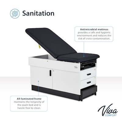 Viva Comfort Slimline Exam Table Base with Leg Rest, Step Stool, Drawers, Stirrups, 420 lb Capacity, Black (ADI996-FBSU-M2-BLK)