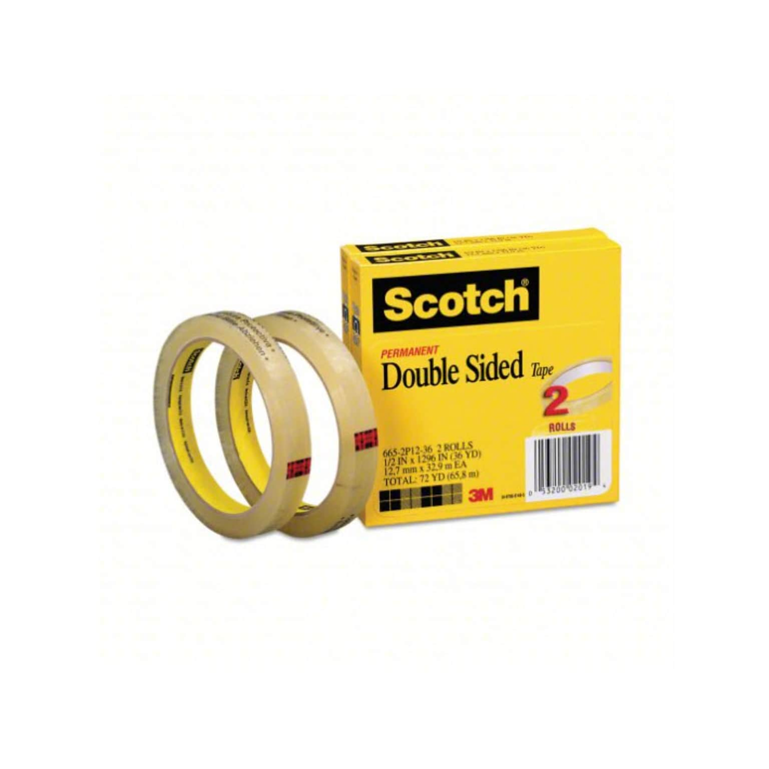 Scotch Permanent Double Sided Tape Refill, 1/2 x 36 yds., Clear, 2/Pack (665-2P12-36)