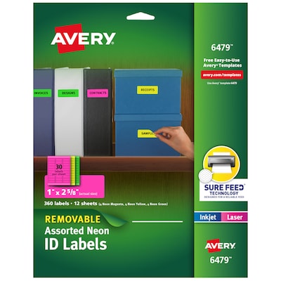 Avery Sure Feed Laser/Inkjet Removable ID Labels, 1 x 2-5/8, Assorted Neon, 360 Labels/Pack (6479)