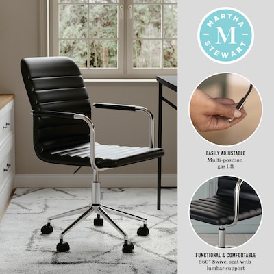 Martha Stewart Taytum Faux Leather Swivel Office Chair, Black/Polished Nickel (CH142370BK)