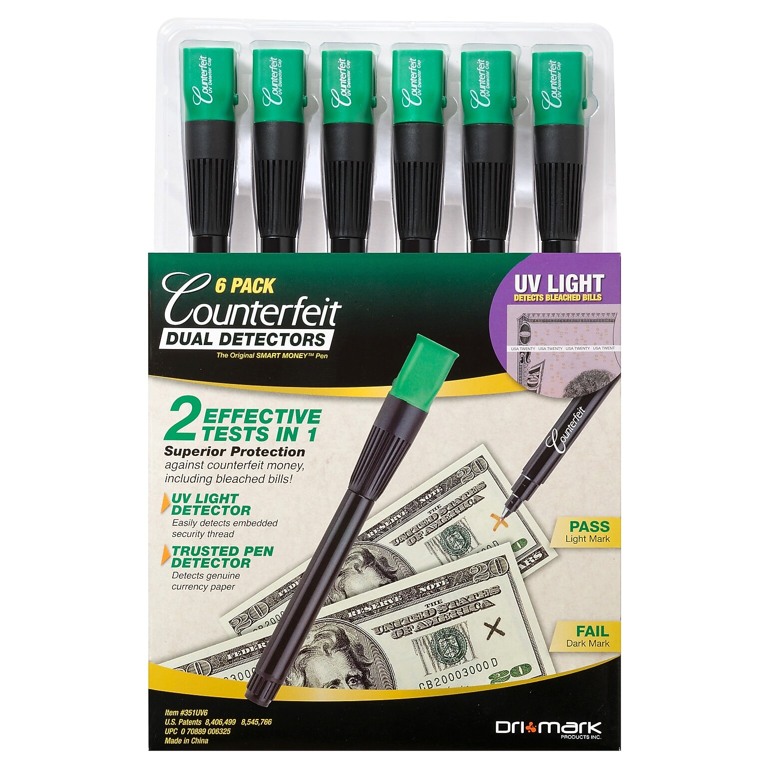 Dri Mark Dual Detector Counterfeit Pens, 6/Pack (351UV6)