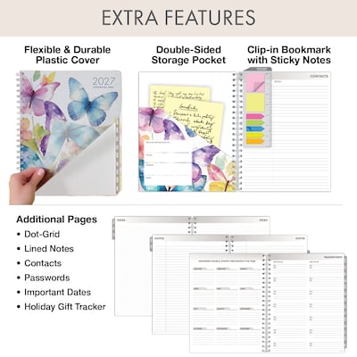 2027 Excello Brands 9.3" x 11" Weekly & Monthly Standard Planner, Plastic Cover, Watercolor Butterflies (ESPRO-CY27-8511-33)