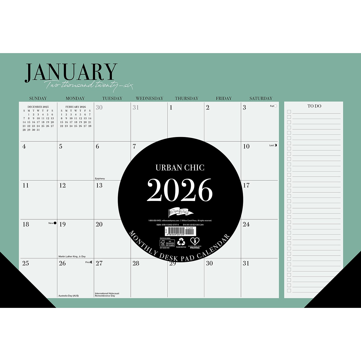 2026 Willow Creek Urban Chic 17 x 12 Monthly Desk Pad Calendar, Green (57179)