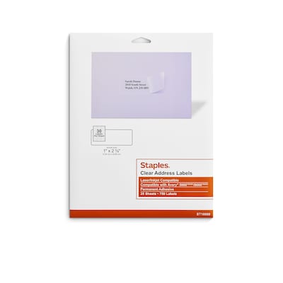 Staples® Laser/Inkjet Address Labels Address Labels, 1 X 2 5/8, Clear, 30 Labels/Sheet, 25 Sheets/P