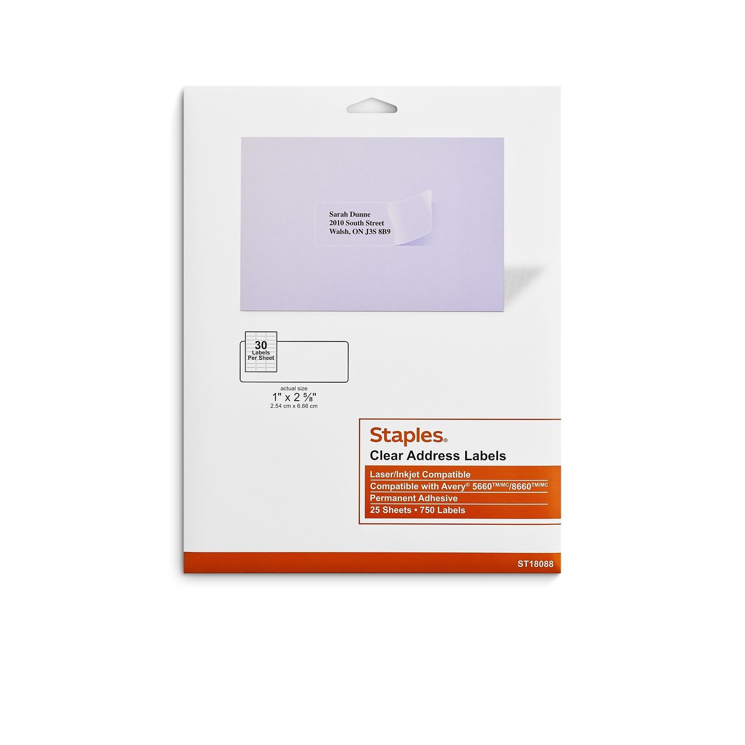 Staples® Laser/Inkjet Address Labels Address Labels, 1 X 2 5/8, Clear, 30 Labels/Sheet, 25 Sheets/Pack, 750/Box (ST18088-CC)