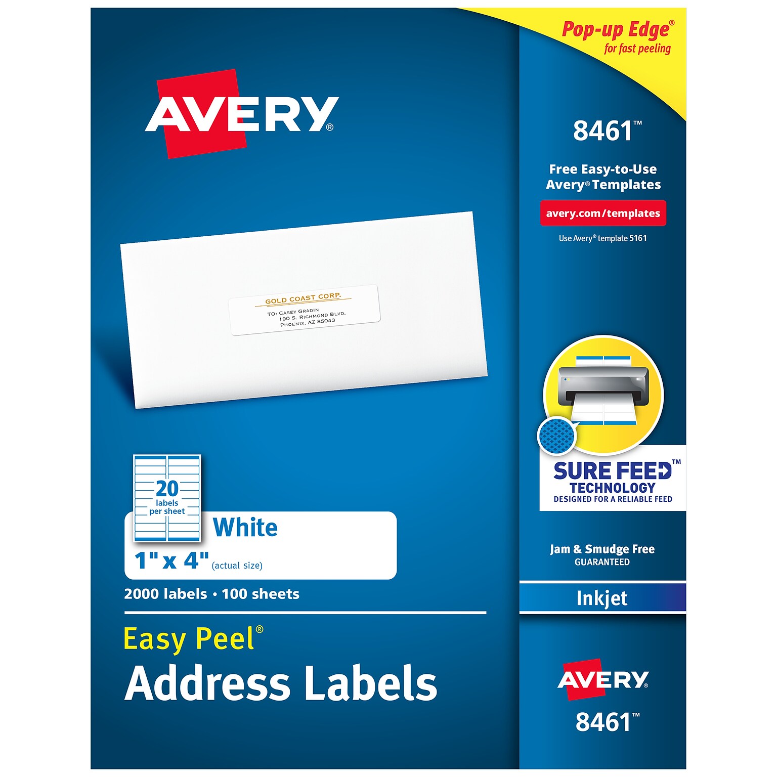 Avery Easy Peel Inkjet Address Labels, 1 x 4, White, 2,000 Labels/Box (8461)