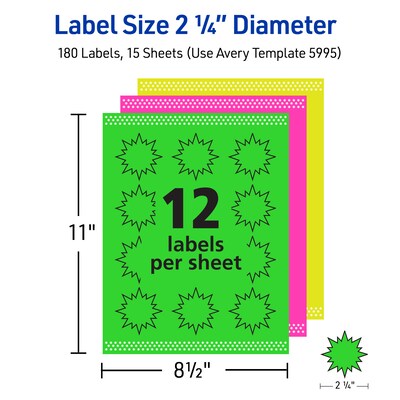 Avery Sure Feed Laser Burst Label, 2 1/4" Dia, Assorted Neon, 180 Labels/Pack (5995)