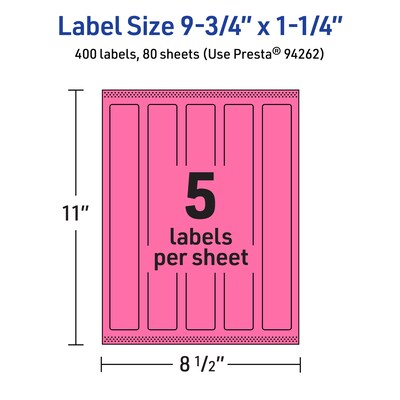 Avery Rectangle Laser/Inkjet Multipurpose Labels, 9.75" x 1.25", Bright Pink (400/Box)