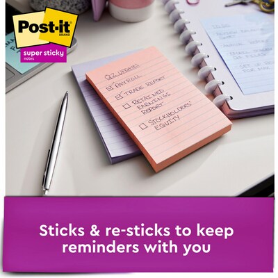 Post-it Recycled Super Sticky Notes, 4" x 6", Wanderlust Pastels Collection, Lined, 90 Sheets/Pad, 3 Pads/Pack (660-3SSNRP)
