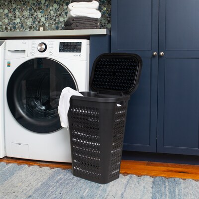 Mind Reader Slim Tapered Hamper with Lid, Plastic, Black (SWHAMP50-BLK)