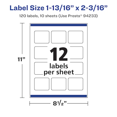 Avery Laser/Inkjet Rectangle Waterproof Multipurpose Labels, 2.1875"  x 1.8125", White, 120/Pack (94233)