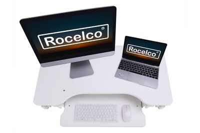 Rocelco 32" Height Adjustable Standing Desk Converter, Tall Sit Stand Up Retractable Keyboard Riser, White (R EADRW)