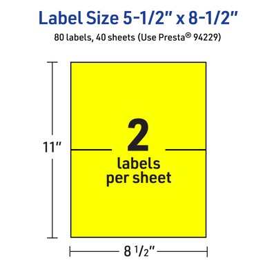 Avery Laser/Inkjet Rectangle Multipurpose Labels, 5.5" x 8.5", Neon Yellow, 80/Pack (94229)