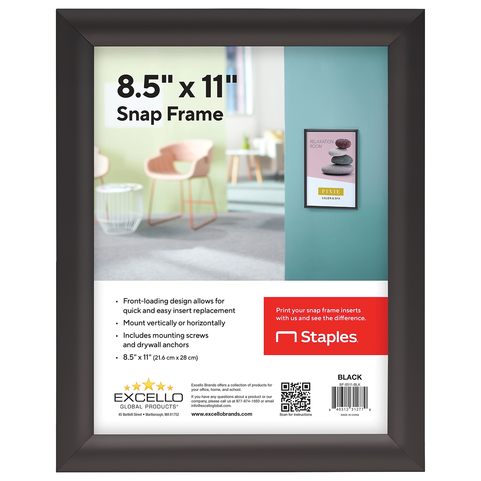 Excello Global Products Snap Frame Poster Holder, 8.5 x 11, Wall Mounted, Black Metal (SF-8511-BLK)