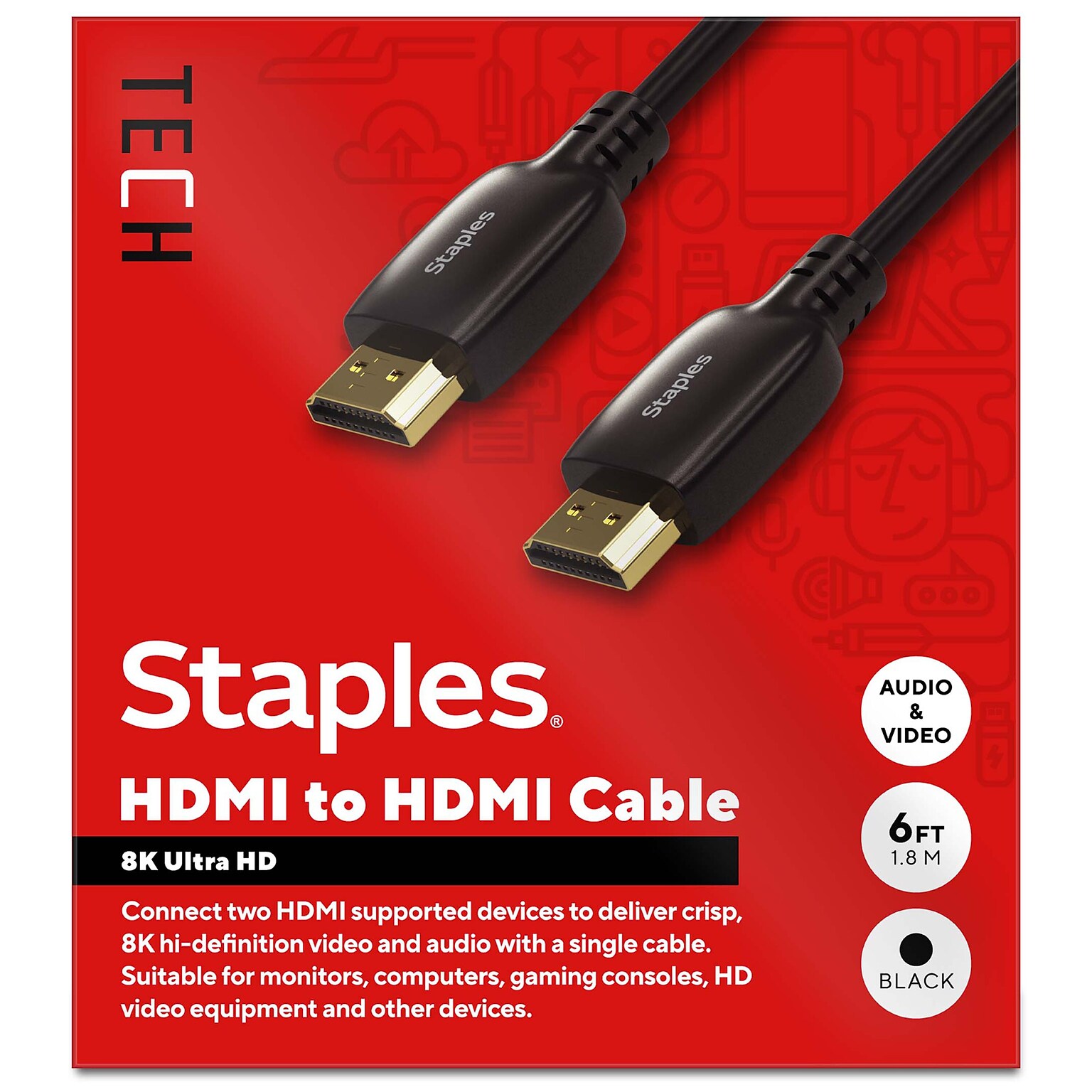 Staples TECH 6 ft. HDMI to HDMI Audio/Video Cable, Male to Male, Black (ST62477)
