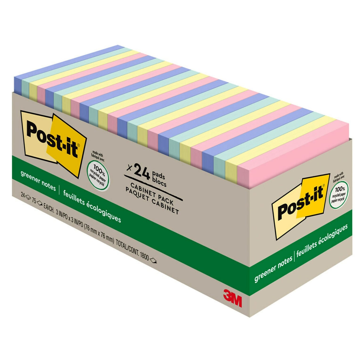 Post-it Recycled Notes, 3 x 3, Sweet Sprinkles Collection, 75 Sheet/Pad, 24 Pads/Pack (654R24CPAP)