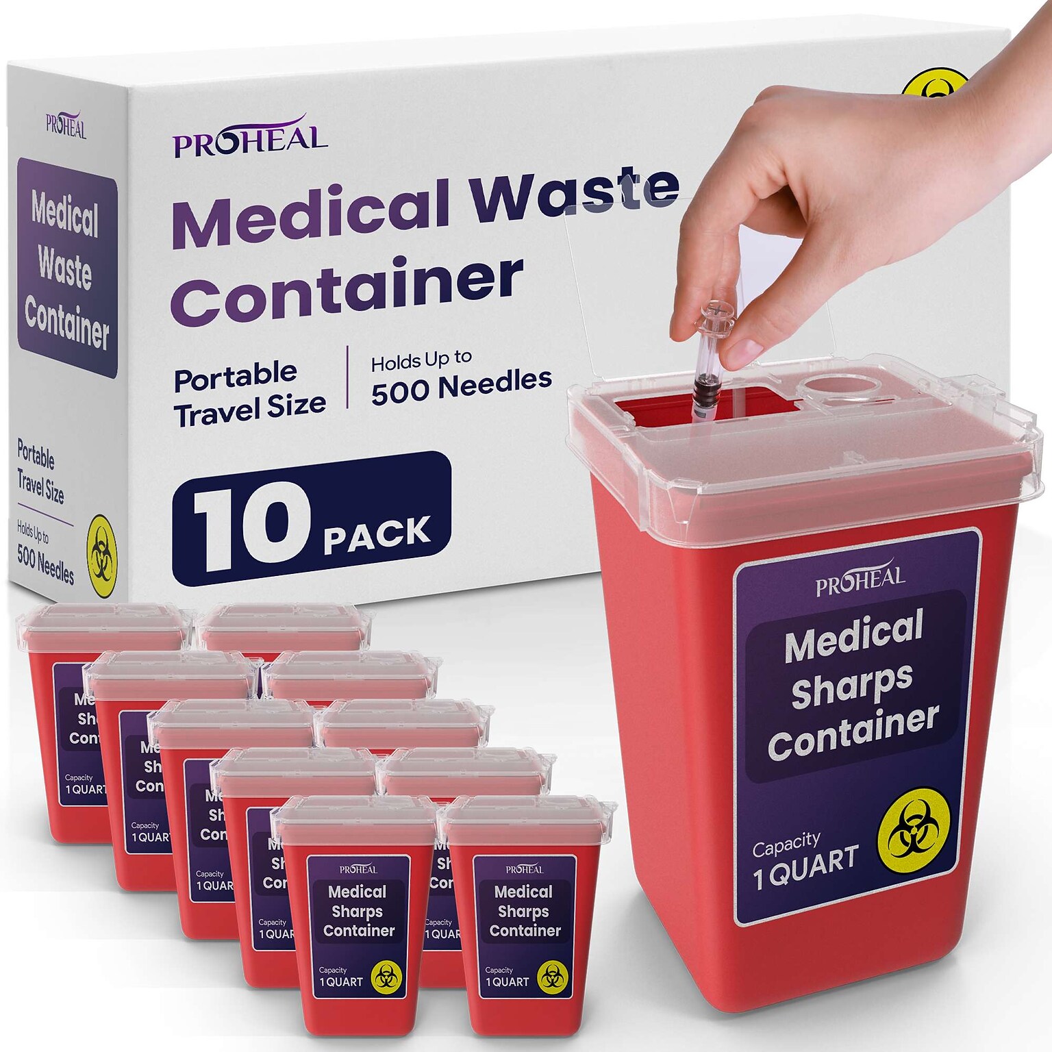 ProHeal Small Sharps Containers for Home Use,  1 Quart Needle Disposal Portable for Biohazard Medical Waste, 10/Pack (PH-16384H)
