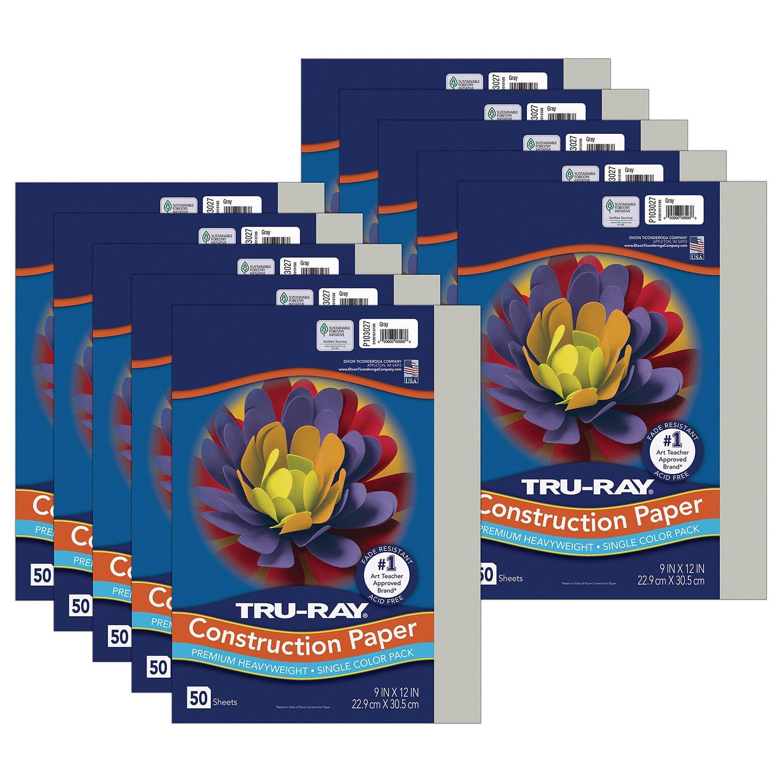 Tru-Ray 9 x 12 Construction Paper, Gray, 50 Sheets/Pack, 10 Packs/Bundle (PAC103027-10)