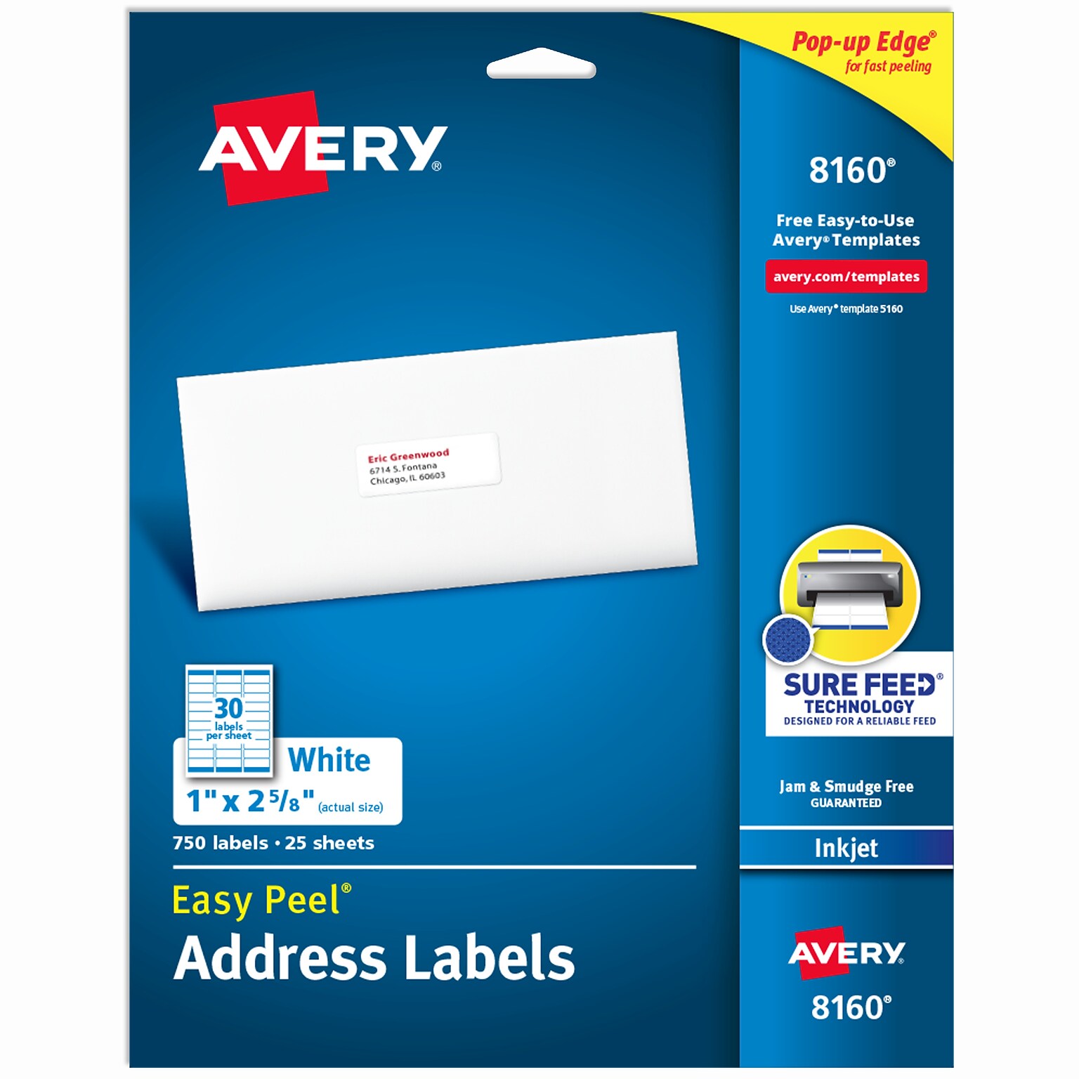 Avery Easy Peel Inkjet Address Labels, 1 x 2 5/8, Matte White, 750 Labels/Pack (8160)