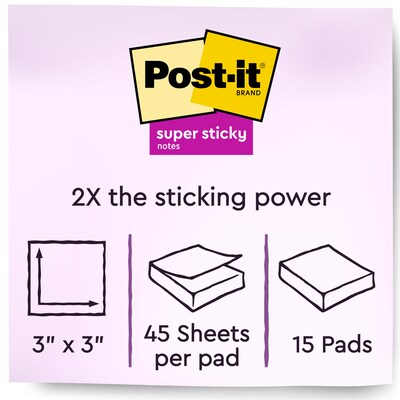 Post-it Super Sticky Notes, 3 x 3, Assorted Colors, 45 Sheets/Pad, 15 Pads/Pack (65415SSPS2)