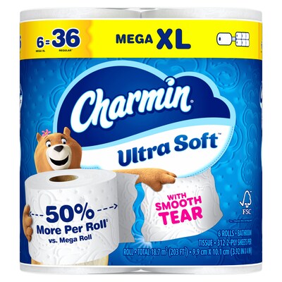 Charmin Ultra Soft Mega XL Toilet Paper, 2-Ply, White, 312 Sheets/Roll, 6 Rolls/Pack, 3 Packs/Carton (01568)