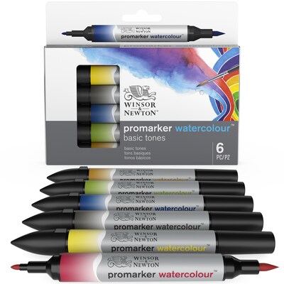 Winsor & Newton Promarker Dual-Tip Watercolor Alcohol Based Marker, Basic Tones, 6/Pack (WNX0290164)
