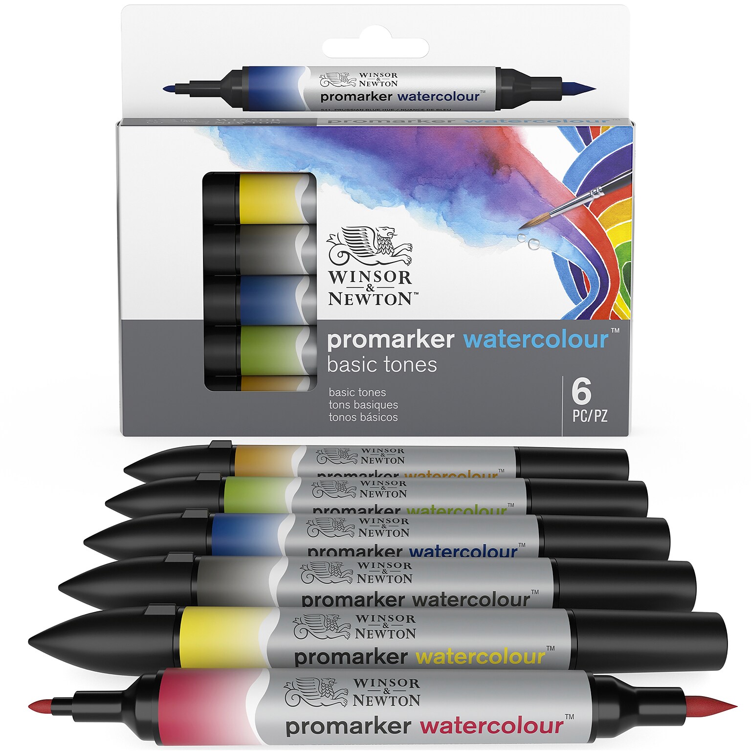 Winsor & Newton Promarker Dual-Tip Watercolor Alcohol Based Marker, Basic Tones, 6/Pack (WNX0290164)