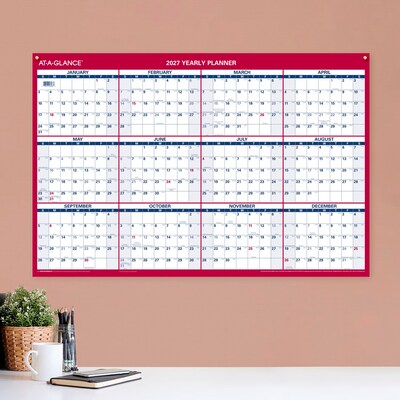 2027 AT-A-GLANCE 36" x 24" Yearly Dry Erase Wall Calendar, Reversible, White/Red (PM26-28-27)