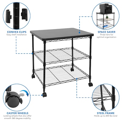 Mount-It! 3-Shelf Steel/Laminate Large Printer Cart with Wheels, Black (MI-7856)