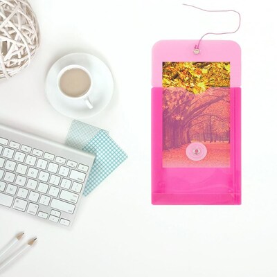 JAM Paper Premium Plastic Filing Envelope with Button & String Closure, 4 1/4" x 6 1/4", Fuchsia Pink, 3/Pack (473B1FUX3)