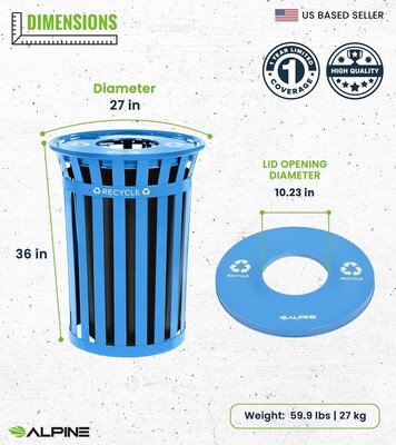 Alpine Industries Metal Commercial Outdoor Recycling Receptacle, 38 Gallon, Black/Blue (479-38-BLU)