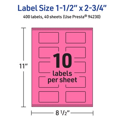 Avery Laser/Inkjet Rectangle Multipurpose Labels, 1.5" x 2.75", Bright Pink, 400/Pack (94230)