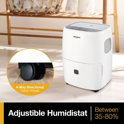 Whirlpool 30-Pint Portable Dehumidifier, 2-Speed, Covers up to 3000 sq. ft., White (WHAD301DW)