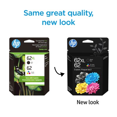 HP 62XL/62 Black High Yield and Tri-Color Standard Yield Ink Cartridge, 2/Pack (N9H67FN#140)