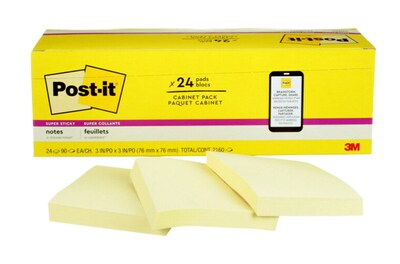 Post-it Super Sticky Notes, 3 x 3, Canary Yellow, 90 Sheets/Pad, 24 Pads/Pack (654-24SSCP)
