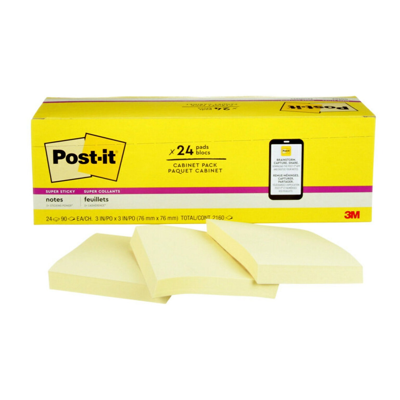 Post-it Super Sticky Notes, 3 x 3, Canary Yellow, 90 Sheets/Pad, 24 Pads/Pack (654-24SSCP)