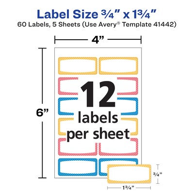 Avery Water-Resistant Laser/Inkjet ID Labels, 3/4" x 1-3/4", Assorted Border Colors, 12 Labels/Sheet, 60 Labels/Pack (41442)