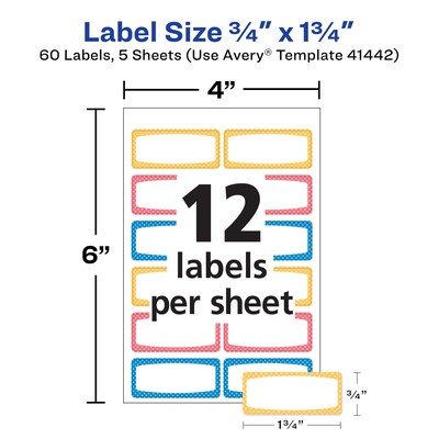 Avery Water-Resistant Laser/Inkjet ID Labels on 4" x 6" Sheets, 3/4" x 1-3/4", Assorted Border Colors, 60 Labels/Pack (41442)