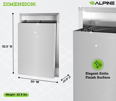 Alpine Industries Metal Indoor Trash Can, 12 Gallon, Stainless Steel (493)