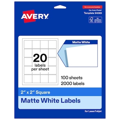 Avery Square Laser/Inkjet Multipurpose Labels, 2 x 2, White, 20 Labels/Sheet, 100 Sheets/Pack (19479311261)
